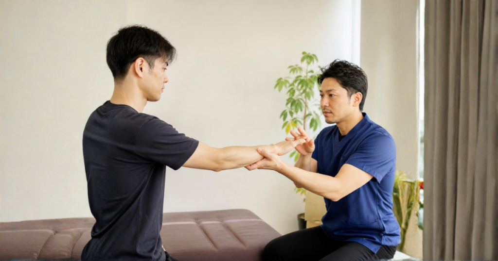 筋肉を揉むだけでなく、患者様ご自身が動こうとする反応を理学療法士が丁寧に観察・評価している様子