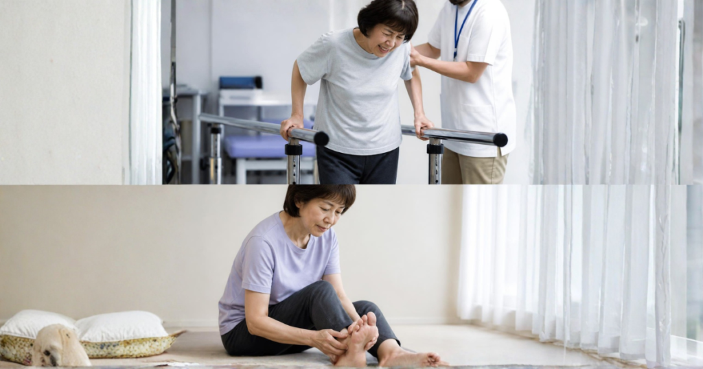 麻痺した手足を無理に補おうとして、身体の他の部分に過剰な力みや痛み(代償動作)が生じているイメージ