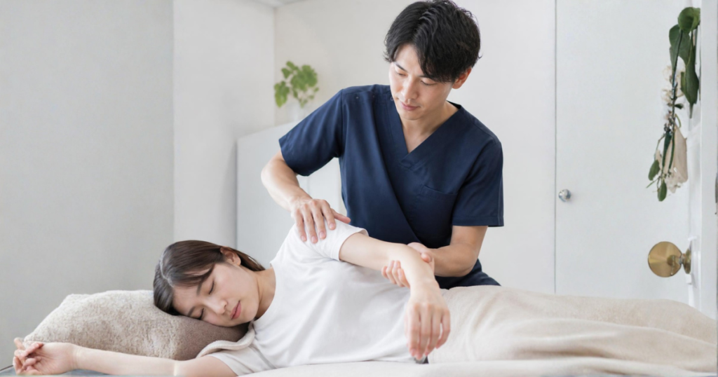 脳卒中認定理学療法士が患者様に寄り添い、血腫による圧迫や身体の状態を丁寧に評価している様子